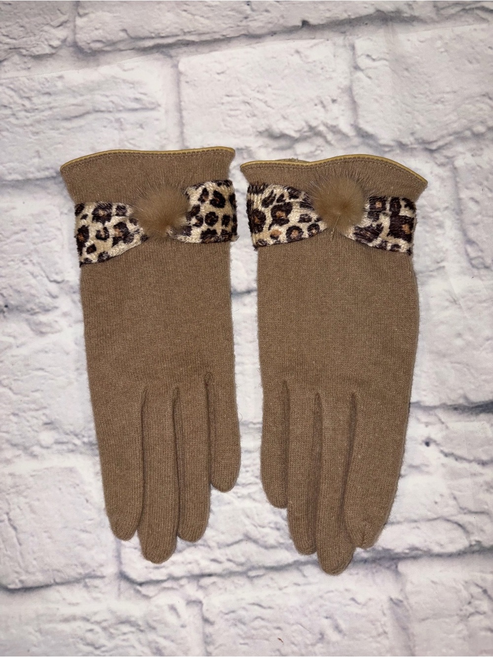 Women’s Tan Wool/Rabbit Gloves. Tan and Brown